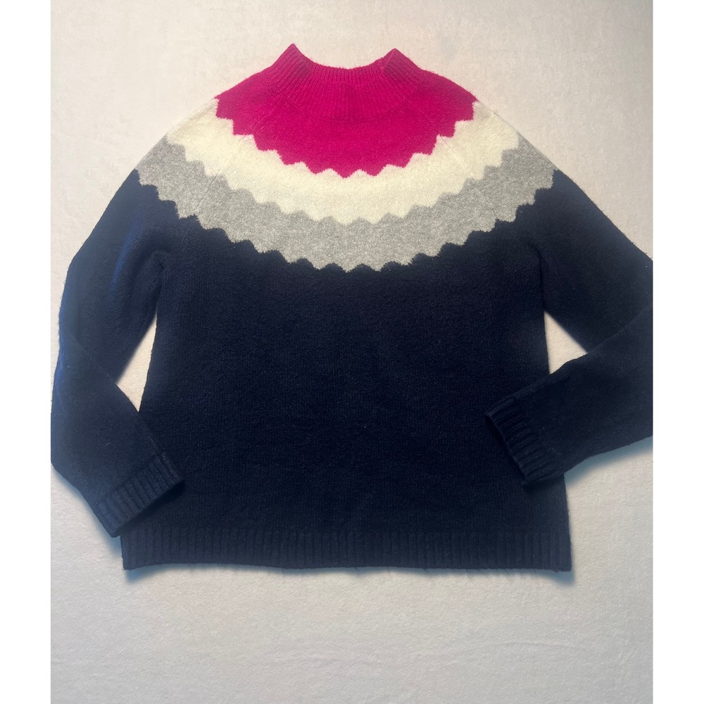 Talbots L Sweater Fair Isle Scallop Navy Pink Mock Neck Long Sleeve Pullover